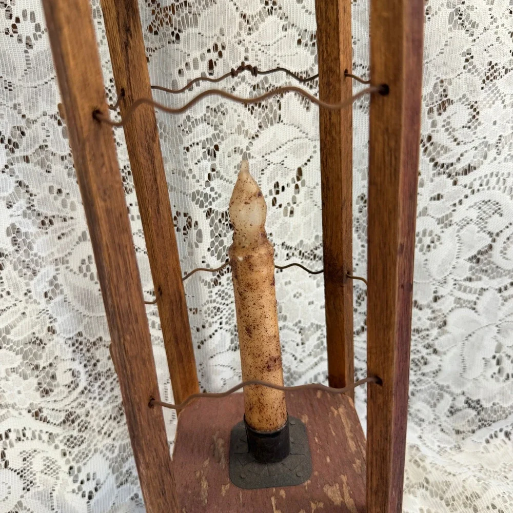Primitive Wood and Wire Lantern with Faux Taper Candle Rustic Folk Art Farmhouse